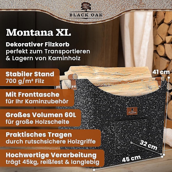 Montana Xl 60l Huopa- Ja Puukori Polttopuille - Nahkasovellus + Liukumattomat Kahvat + Etuosa Extra Large - Huopapussi Kori Puulle F