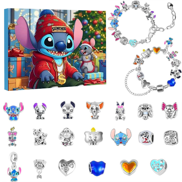 Stitch Advent Calendar Bracelet 2024 Girls 24 Days Christmas Countdown Calendar DIY Jewelry Making Kit 22 Charm Beads 2 Bracelets