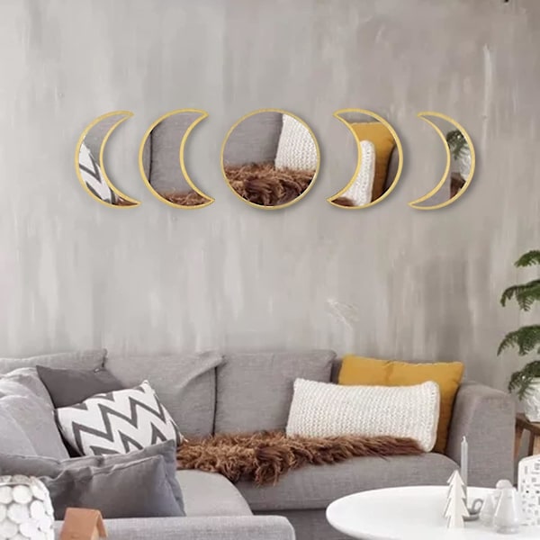 5 stk Skandinavisk Bohemisk Hjem Veggdekor Månens Faser Dekorativt Speilsett Akryl Soverom Dekorasjon Selvklebende Ornament Stue Dekor (gull)