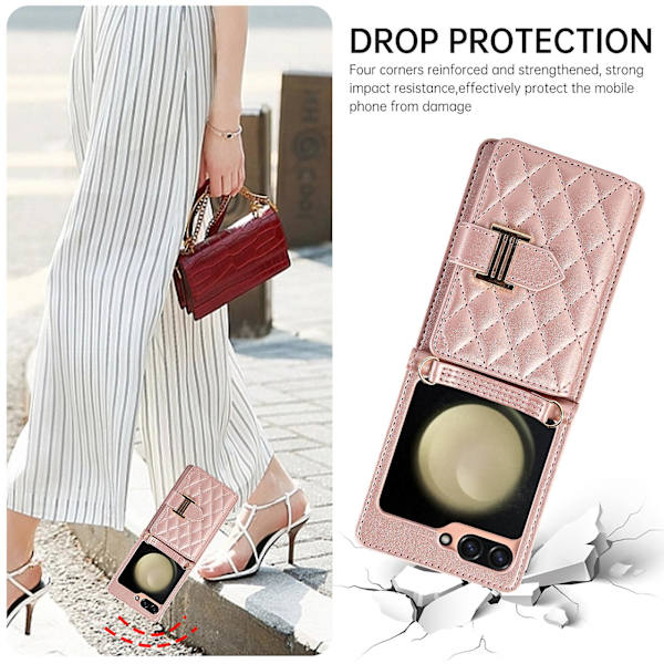 Crossbody-lompakkokotelo Samsung Galaxy Z Flip 5:lle korttipidikkeellä ja jalustalla, iskunkestävä ja ihoa muistuttava pehmeä nahkakotelo naisille