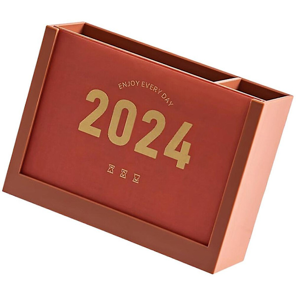 Kalenderställ för skrivbord med pennhållare, genomskinlig kalender i plast, organiseringslåda