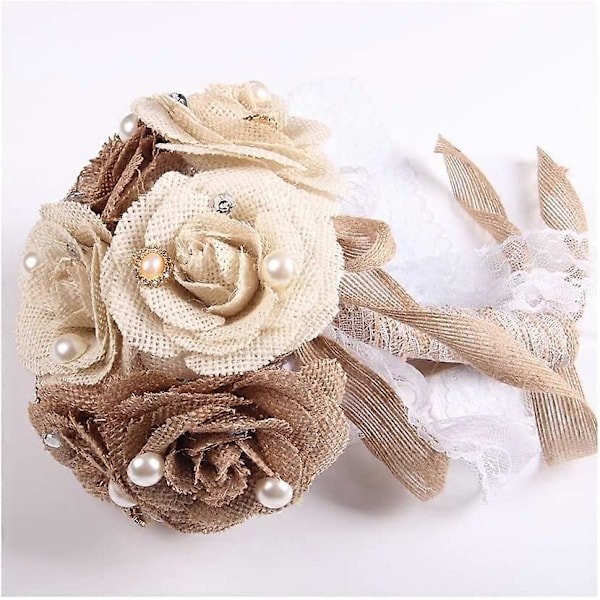 Rustikk Bryllupsbukett Burlap Blomstbukett Blonder og Perler Bryllupsdag Forlovelsesdekorasjon