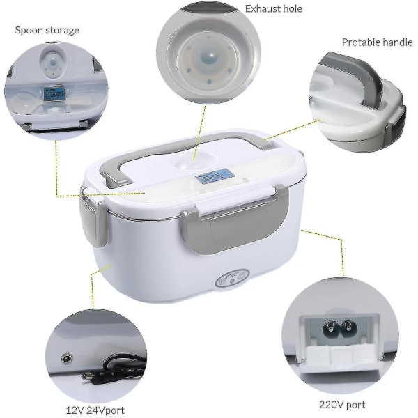 3-i-1 elektrisk madkasse til bil, lastbil og kontor, 12V og 220V rustfrit stål opvarmningsbeholder (grå)