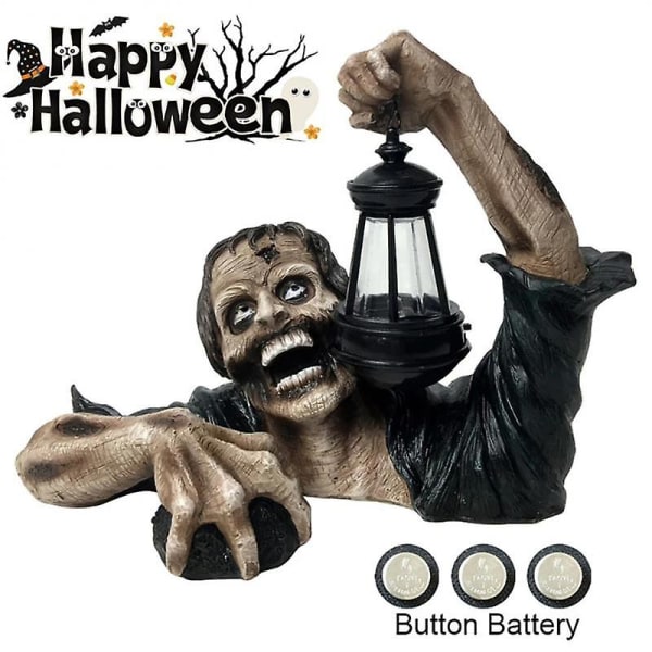 Halloween Kreativ Gyser Gruful Resin Zombie Statue Med Batteri Lanterne Udendørs Have Have Ornamenter Fest Dekorationer