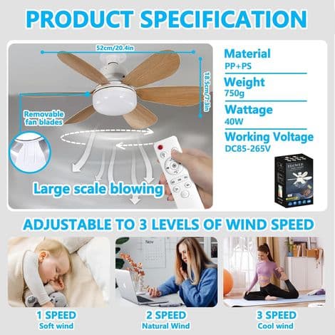 Dpzo – 40W Lydløs Loftventilator – 6 Blade – 3 Hastigheder – E27 LED-lys – 1/2/4t Timer – Til Stue og Soveværelse