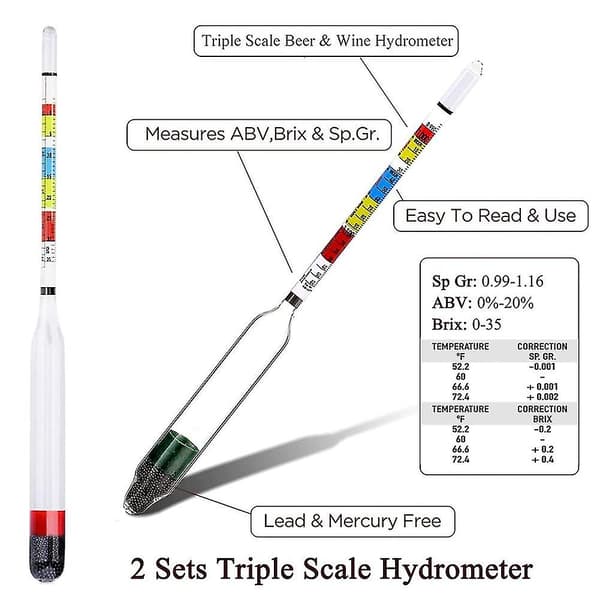 Øl-hydrometer, hydrometer testsett, trippelskala hydrometer for vinproduksjonssett øl-hydrometer