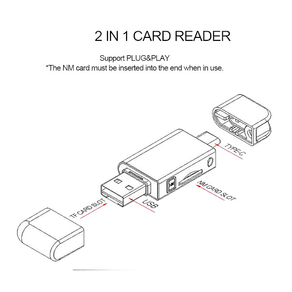 USB-C Type C / USB 2.0 til NM Nano Memory Card TF - SD kortleser for mobiltelefon & Laptop
