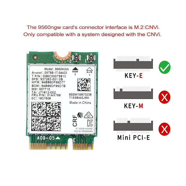 9560ngw Wifi-kortti 1730mbps Langaton Ac 9560 Kaksoiskaistainen 2.4g+5g Bluetooth 5.0 802.11ac M.2 Cnvi 9560n