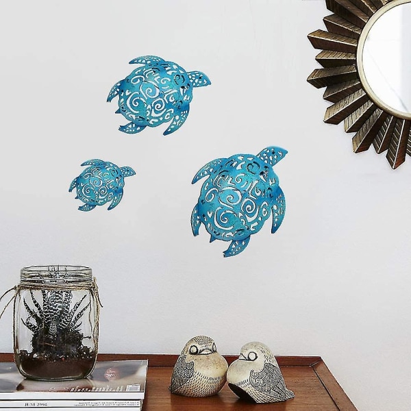 metal havskildpadde strand tema dekoration væg kunst dekorationer til indendørs udendørs badeværelse have (3 stk, cyan blå)