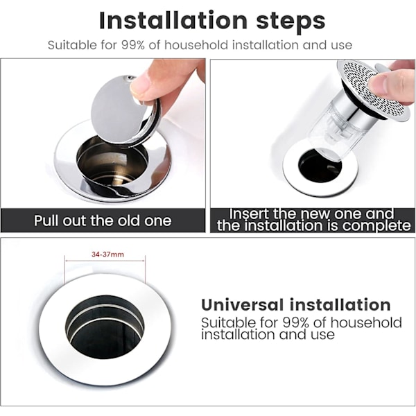Universal Vask, Pop-Up Vaskprop, Vask Afløb med Anti-Tilstopning Si, Universal Vaskprop med Magnetisk Vandventil 34-38mm