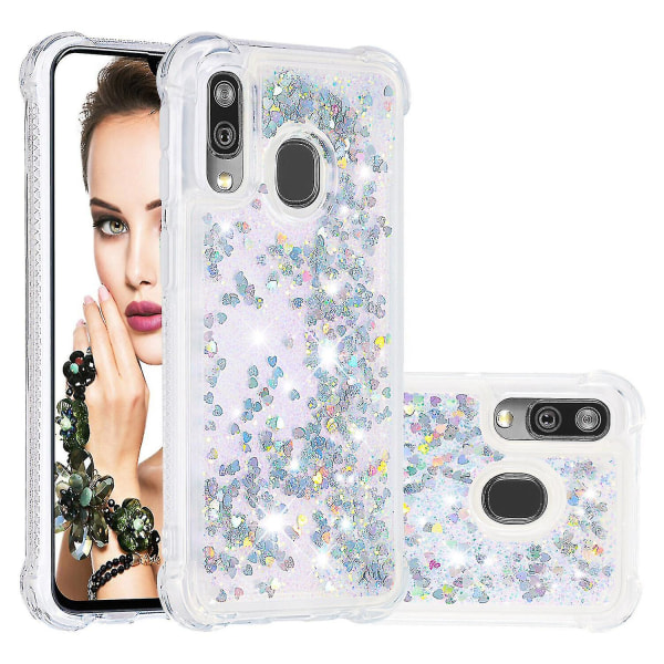 Samsung Galaxy A40 Cover - Glimmerende Flydende Transparent Skinnende Bling Krystal Klar Flydende Kviksand TPU Silikon - Sølv