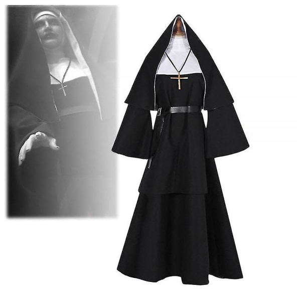 Nunna Cosplay Musta pitkä mekko Scraf-asu Yhteensopiva Naisten Loistava Cosplay Aikuisten Halloween Horror Ghost Fancy Mekko
