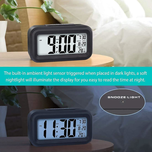 Digital väckarklocka, LED-väckarklocka med temperatur, snooze-funktion, 12/24-timmarskonvertering, kalender, för sovrum, kontor, kök