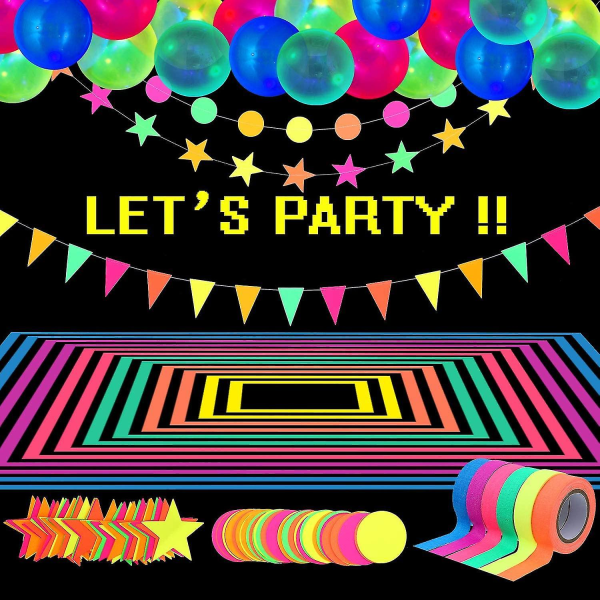 150ft Neon Party Supplies Glow Party Set, 6 färger 100ft Uv Black Light Activated Tape,40ft Neon Garland Polka Dot Star Hängande dekoration 25 Uv Neon B