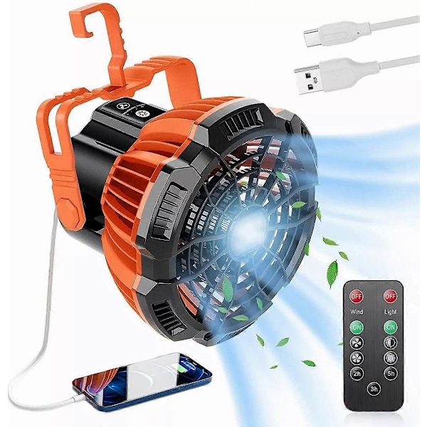 Portabel campingfläkt med LED-belysning, USB-driven, kompakt design, mångsidig utomhusbruk