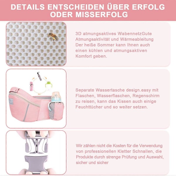 Bärsele för nyfödda från födseln, bekvämt höftsäte rosa, mjuk och säker design för spädbarn