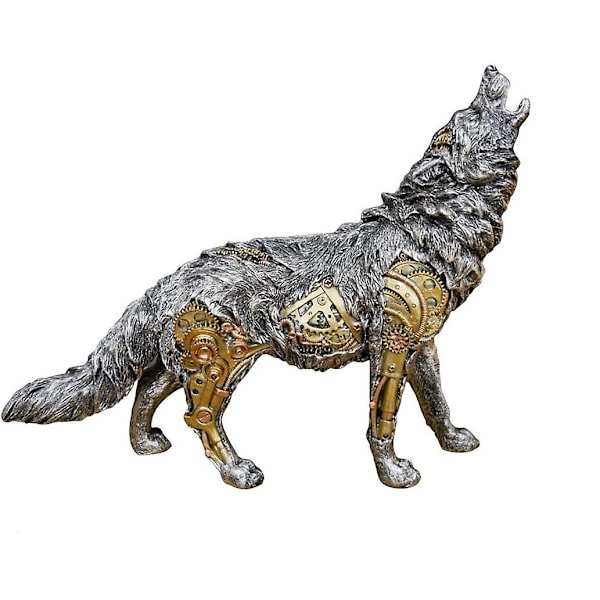 Metallisk sølv og guld gotisk steampunk ulv statue kunst skulptur statue figurer dekoration gave skrivebordslegetøj gaver boligindretning