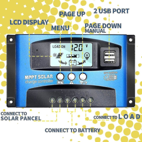 Mppt 100a 12v/24v autofokusspårning Solpanels laddningskontrollregulator med dubbla USB portar, lcd-skärm, ny mppt teknisk
