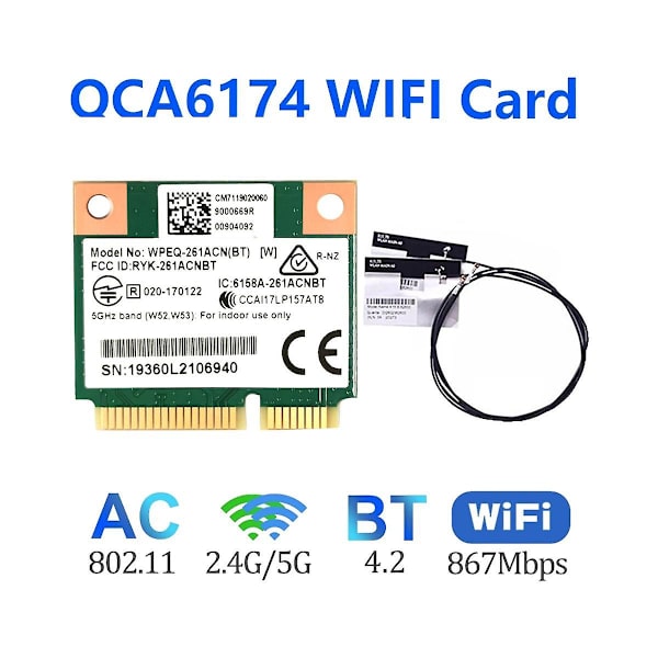 Qca6174 Wpeq-261acn(bt) Wifi-kort+2xantenne 802.11ac 867m Qca6174 Bluetooth 4.2 Wifi 5 Mini Pcie Ca