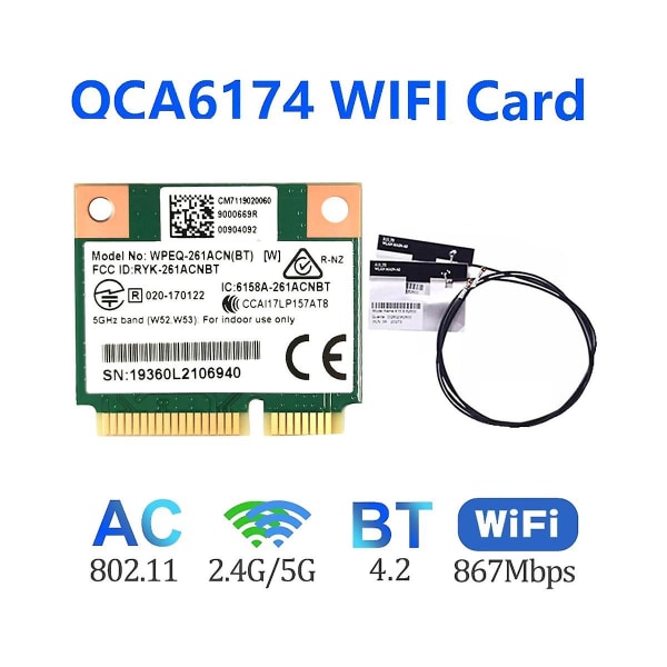 Qca6174 Wpeq-261acn(bt) Wifi-kortti + 2x antenni 802.11ac 867m Qca6174 Bluetooth 4.2 Wifi 5 Mini Pcie Ca