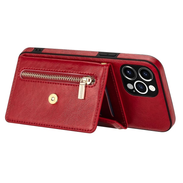 N.bekus Iphone 12 Pro 6,1 tuuman Kickstand Design Vetoketjullinen tasku Pu-nahka + TPU phone case pitkällä kaulanauhalla - punainen
