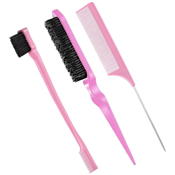 3 pakke glatt rygg hårbørstesett børstehårbørste kantkontrollbørste Teaser kam for kvinner Baby Barn Svart hår (rosa)