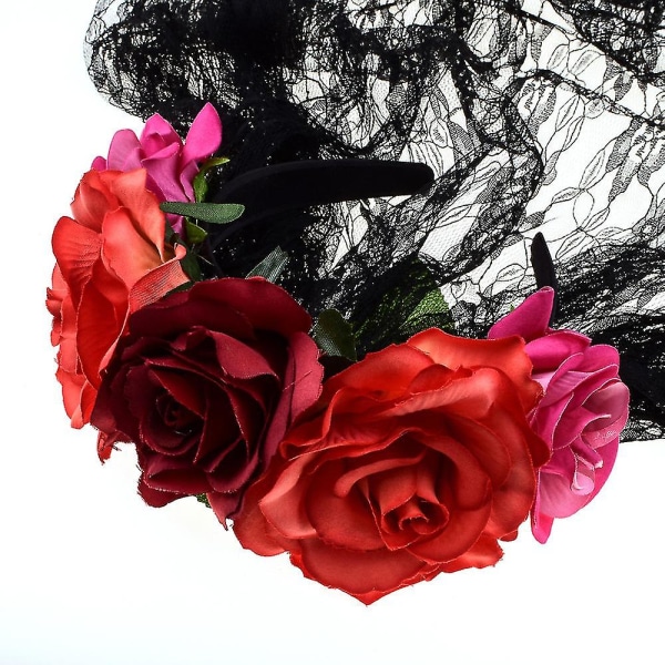 Kvinners Dia De Los Muertos Rose Flower Costume Headpiece Halloween Day Of The Dead Veil (rød Rosa Svart Veil)