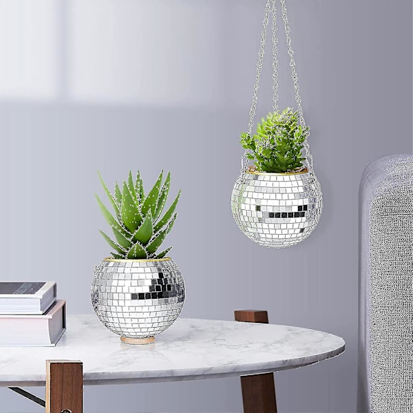 Disco Ball Planter Speilkule med krok og trestativ for skrivebord Henge Disco Ball Plantepotte
