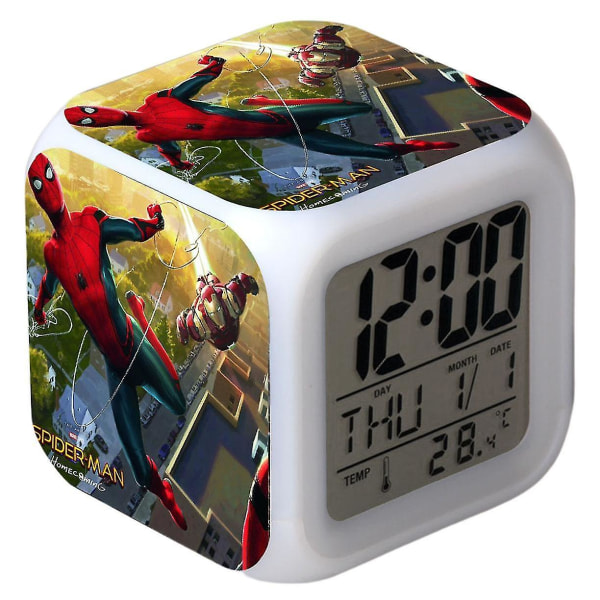 Spider Man -herätyskello 7-värinen led-neliökello digitaalinen herätyskello, jossa on aika, lämpötila, herätyskello