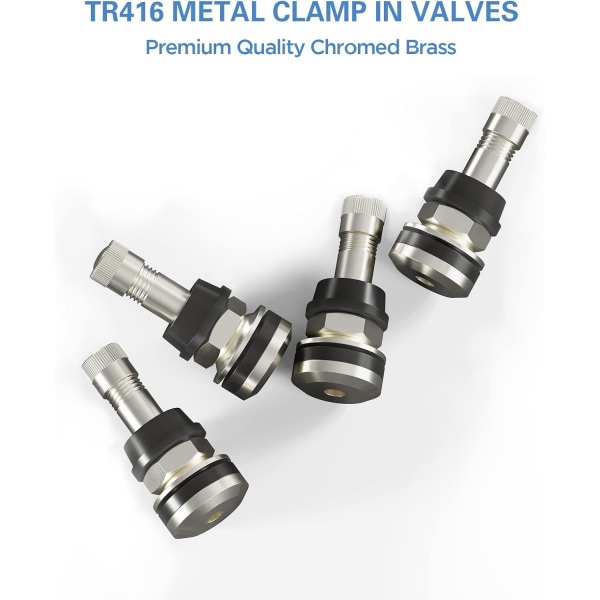 Sæt med 4 TR416 metalstammer ydre monteringer Passer til 0,453" og 0,625" fælghuller 1 1/2" lang, sølv