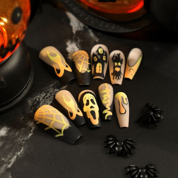 Matte Black French Skull Spider Web House Nail Art Wearable Nail