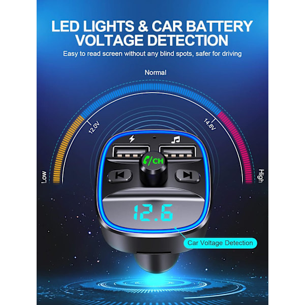 Bluetooth-auton sovitin, auton MP3-soitin FM-lähetin, handsfree-puhelut, kaksi USB-porttia (5V/2.4A & 1A), LED-näyttö, USB-muistitikku