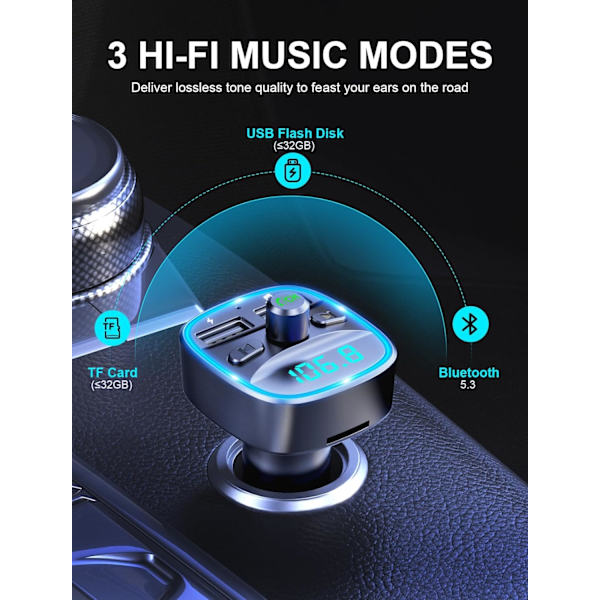 Bluetooth-auton sovitin, auton MP3-soitin FM-lähetin, handsfree-puhelut, kaksi USB-porttia (5V/2.4A & 1A), LED-näyttö, USB-muistitikku