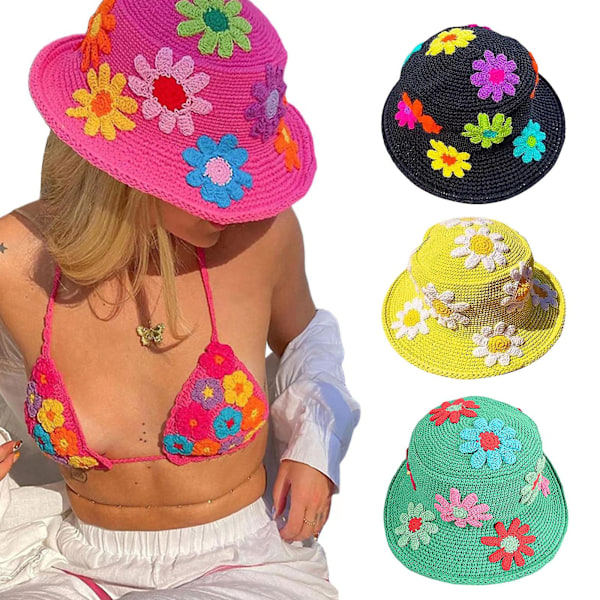 Blomsterbøttehatt Heklet Hatter Brodert Bred Bremskjerm Cap Floral Fiskerhatt