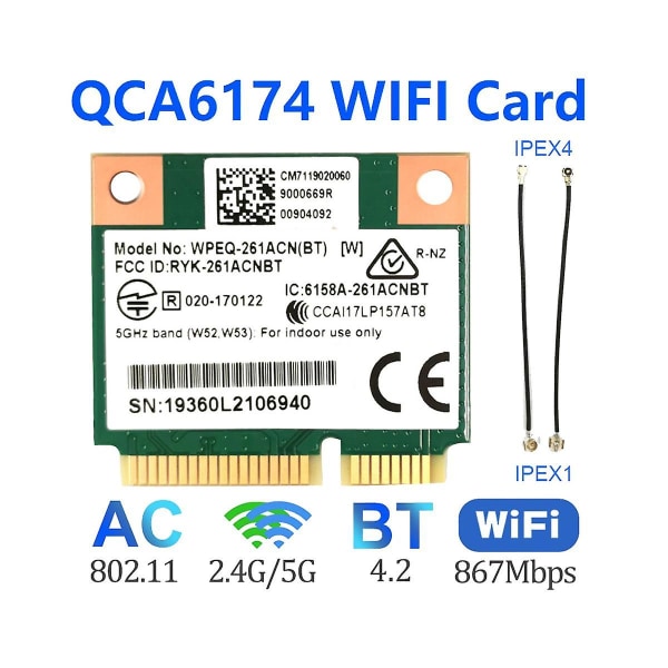 Qca6174 Wpeq-261acn(bt) Wifi-kort+ipex4 til Ipex1-kabel 802.11ac 867m Qca6174 Bluetooth 4.2 Wifi 5 M
