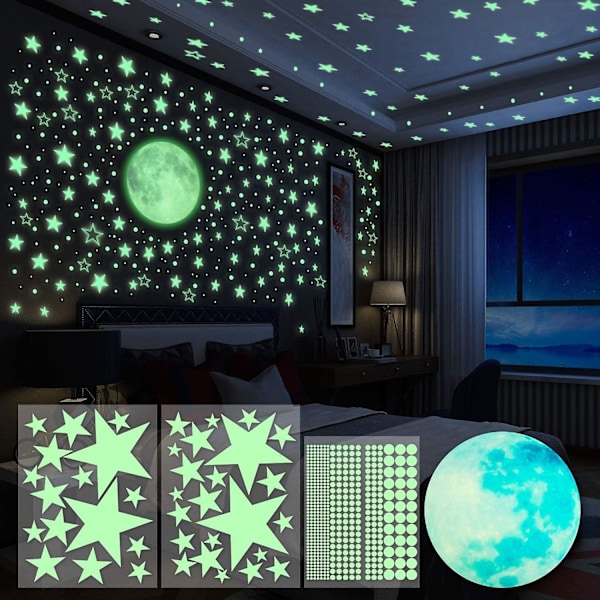 Luminous Stickers 4 Pieces Moon Luminous Stars Wall Stickers Fluorescent Ceiling Decoration Sticker for Kids Rooms 435pcs