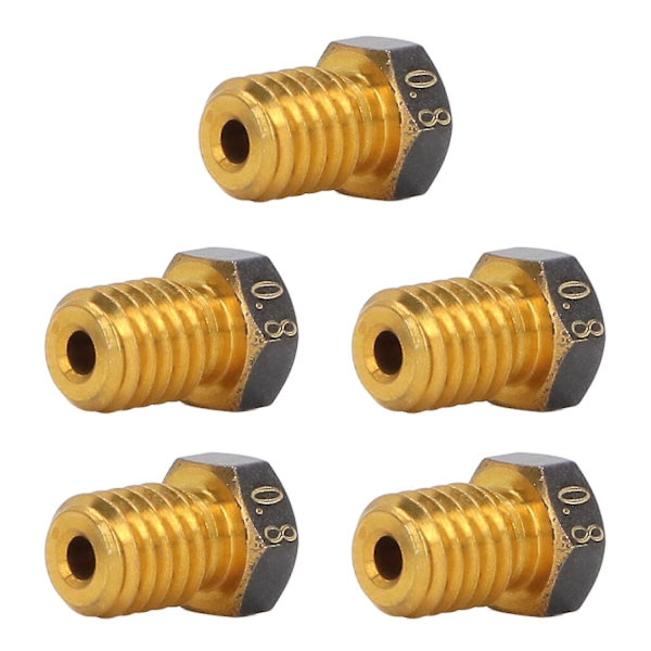 3D Hotend-munstycken, starka vidhäftning reservdelar, enhetlig uppvärmning 5PCS M6 gänga 3,0 Mohs hårdhet mässing utskriftsmunstycke (1,75 mm/0,8 mm)