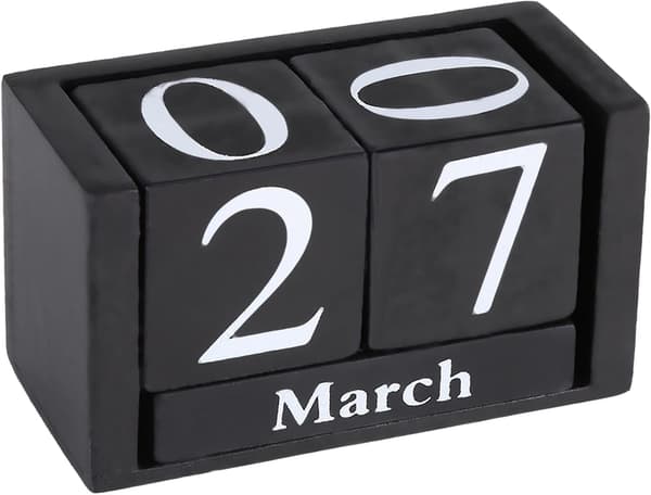 Trækalender, retro træfirkantet skrivebordskalender med måneds- og datovisning, sort.