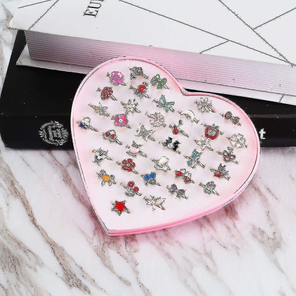 36 stk justerbare ringer sett for jenter prinsesse smykker fingerringer for barn bursdagsfest med hjerteform Box-yu