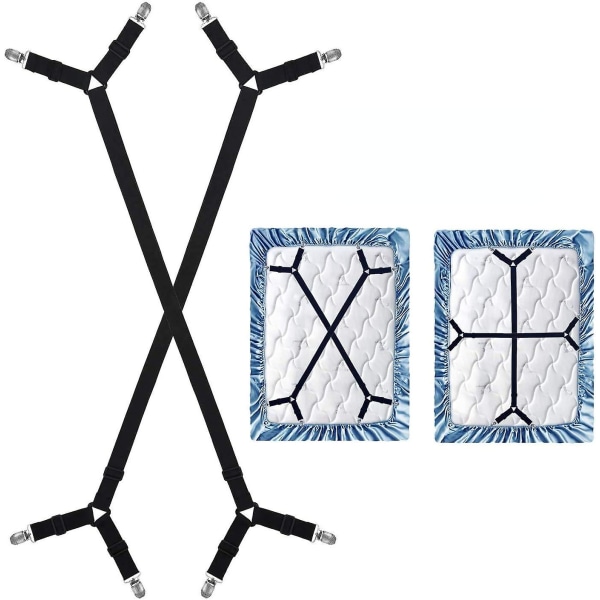 2-pack justerbara lakanhållare med klämmor och remmar - passar alla fyrkantig madrass - svart