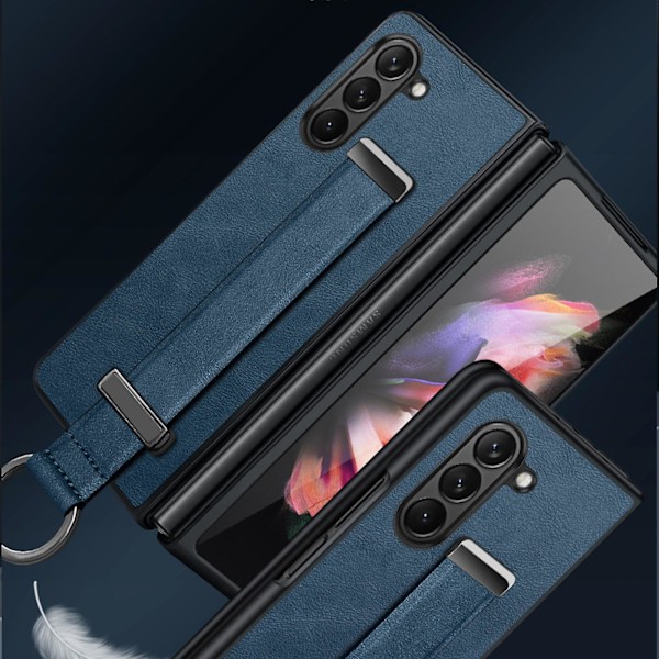 Kotelo yhteensopiva Samsung Galaxy Z Fold 5:n kanssa, PU-nahkainen takakansi käsihihnalla ja jalustalla