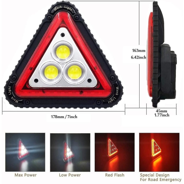 Bærbar LED-signaltrekant, bærbar LED-arbejdslampe, USB-genopladelig, trekant 4 tilstande Cob Flo
