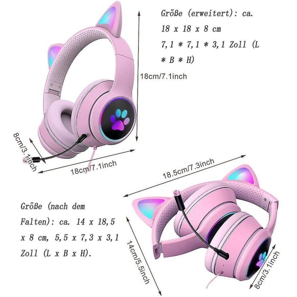 Spillhodetelefoner med sammenleggbare katteører, RGB-lys, stereolyd, mikrofon, USB 3,5 mm, kablet, over øret, for barn og voksne