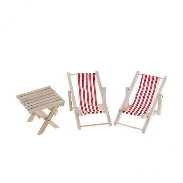 2x1/12 Dockskåp Miniatyr Trä Randiga Loungestolar Bord Strandset Röd