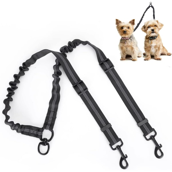 Dobbel hundebånd, flokefritt justerbart reflekterende garn, dobbel skillelinje for trening og tur med 2 hunder