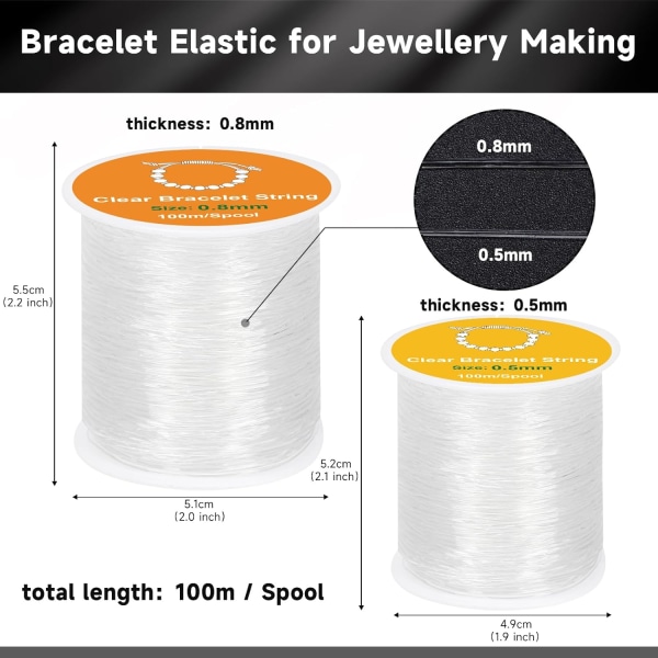Elastisk sladd för armband, 2 rullar 0,5 mm, 0,8 mm Elastisk sladd för armband lämplig för DIY-smyckestillverkning, halsband, armband, hantverk (100 m/spole)