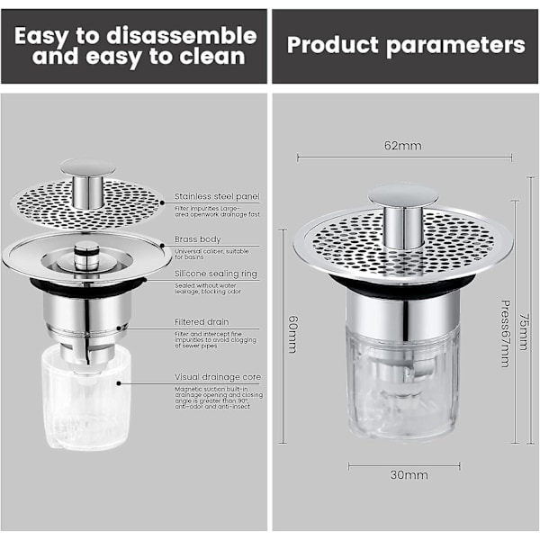 Universal Vask, Pop-Up Vaskprop, Vask Afløb med Anti-Tilstopning Si, Universal Vaskprop med Magnetisk Vandventil 34-38mm