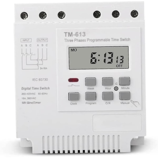 Timer switch-controller, Tm613 380v Intelligent trefaset programmerbart vandtæt dæksel med ledningsstik (1 stk, hvid)