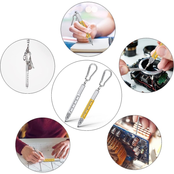 Multi Tool Pen, 6 i 1 Grandpa Multi Tool Gadget Present, inklusive kulspetspenna, pekskärmspenna, karbinhake (gul + silver)