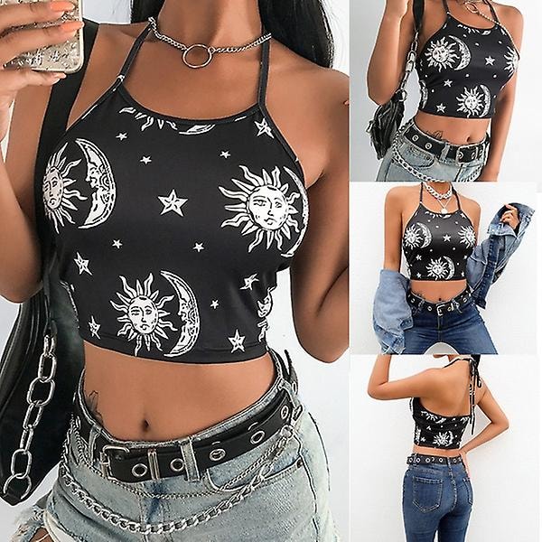 Damernas Stjärnor Måne Tryckt Halter Sexig Camisole Kvinnor Crop Top Sommar Ärmlös Elastisk Svart Tank Toppar